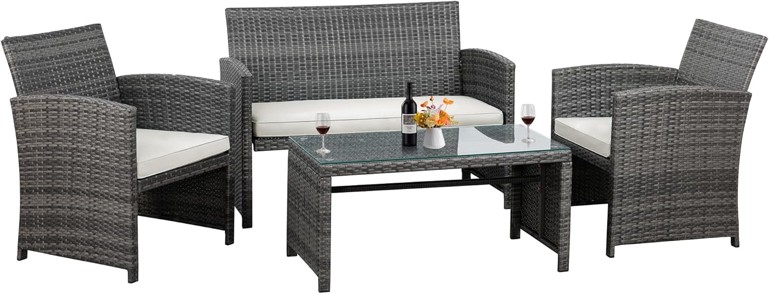 Shintenchi 4 Piece Patio Ratten Set Outdoor Furniture Set Wicker Conversation Set wourant