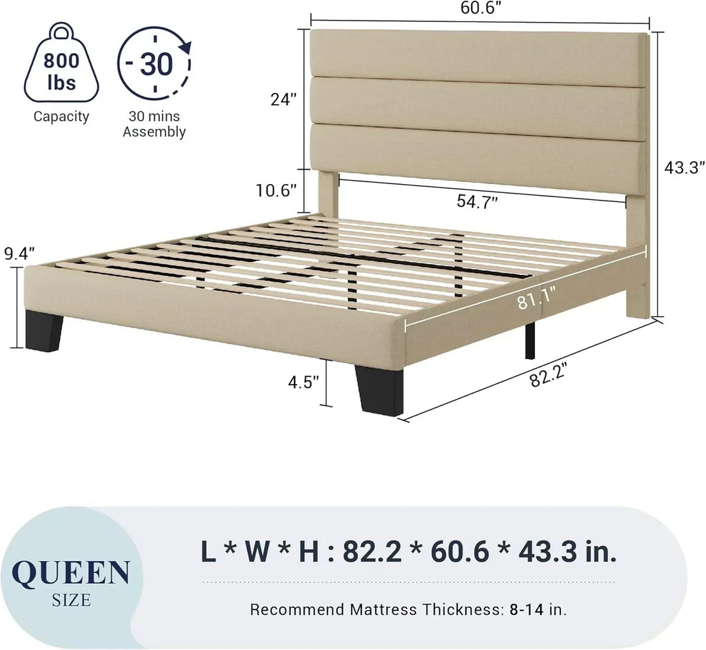 Allewie King size platform bed frame with velvet upholstered headboard and planks wourant