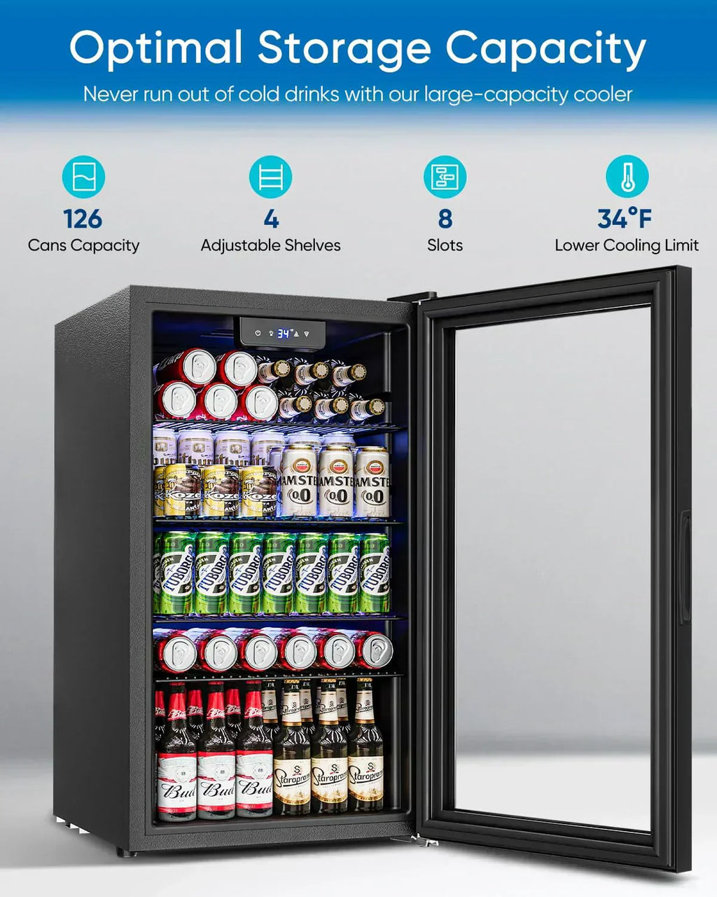 Beverage Refrigerator Cooler 126 Can Mini Fridge Glass Door for Drinks Soda Beer Wine Refrigerator wourant
