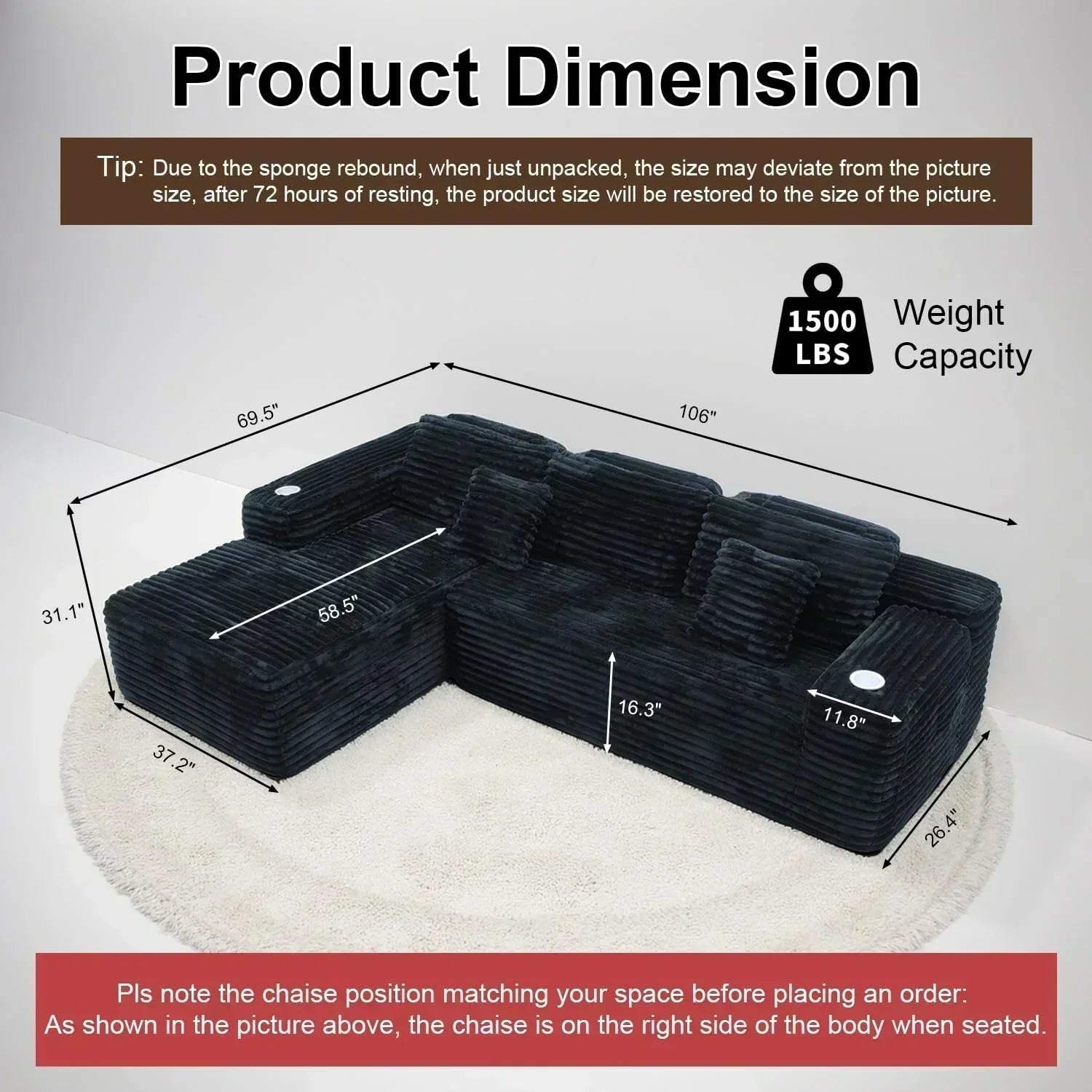 Cloud section sofa with L-shaped recliner modern modular sofa built-in cup holder wourant