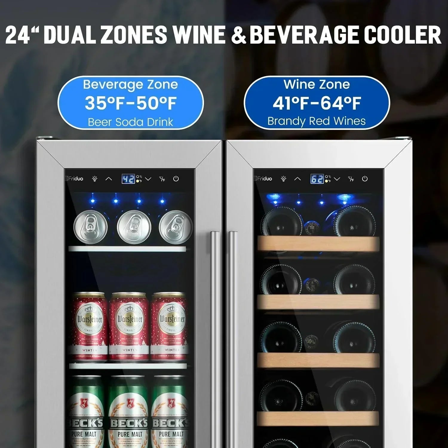 24 inch Dual Zone Beverage Refrigerator 30 Bottles 82 Cans Wine Fridge Built-in or Freestanding wourant
