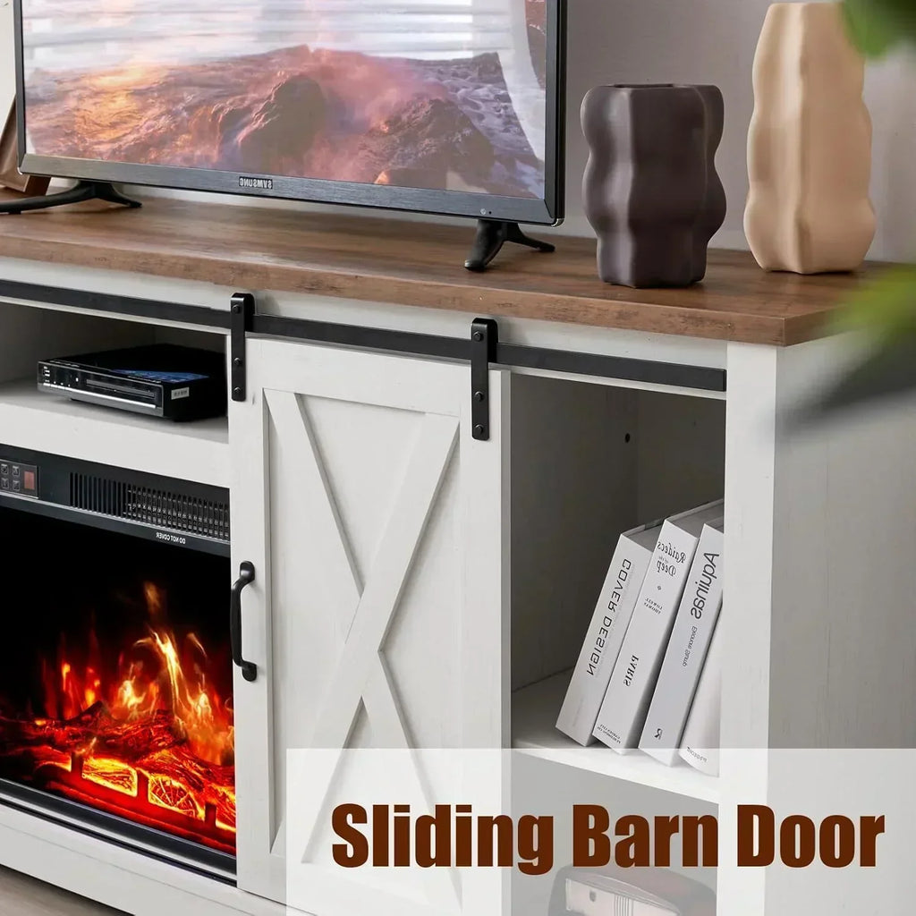 AMERLIFE Fireplace TV Stand with Sliding Barn Door  Farmhouse 63" Fireplace Entertainment Center wourant