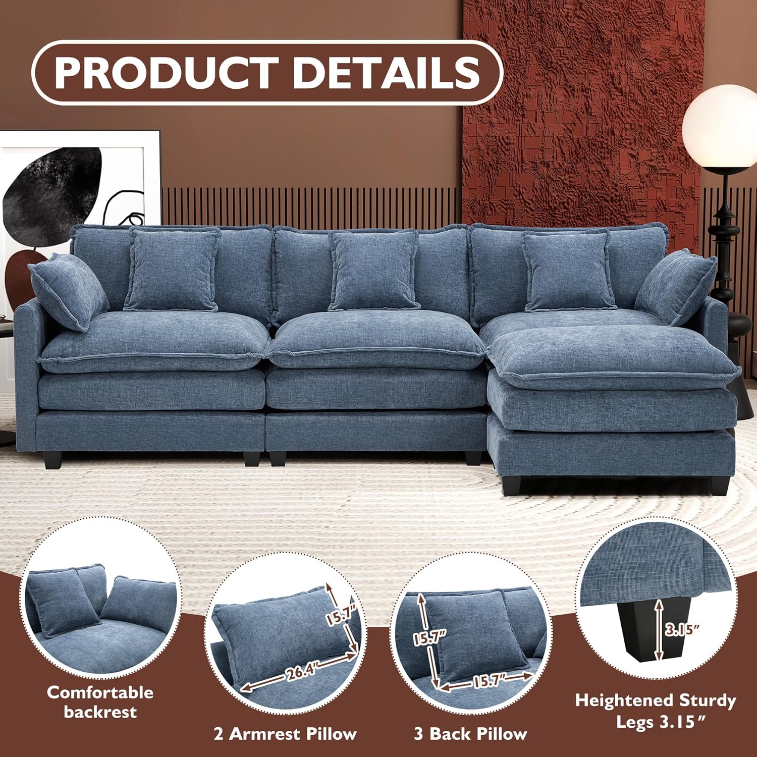 111.4 Inch L Shaped Modern Sofa Modular Cloud Sofa with Ottoman 4 Seater Chenille Deep Seat Sofa wourant