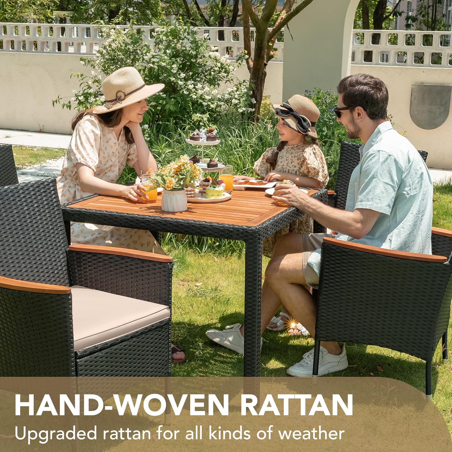 Devoko Dining 7 PCS Furniture Patio Conversation Set with Acacia Wood Table Top Rattan Outdoor wourant