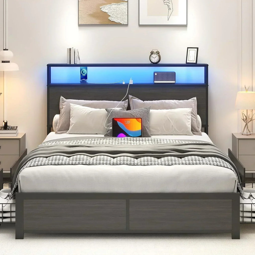 Lifezone Queen Bed Frame 2-Tier Storage Headboard Metal Platform Bed Frame 4 Storage Drawers wourant