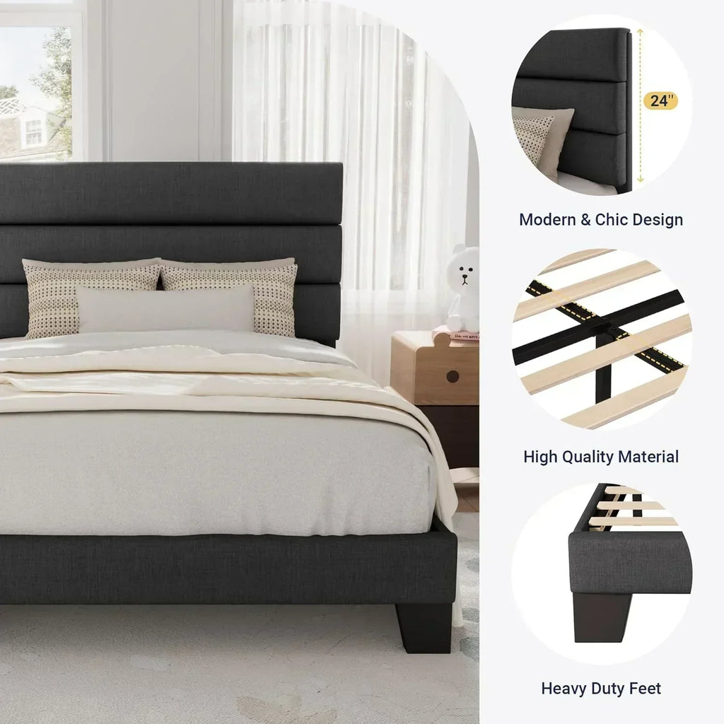 Allewie Queen Size Platform Bed Frame with Fabric Upholstered Headboard Wooden Slats Support wourant