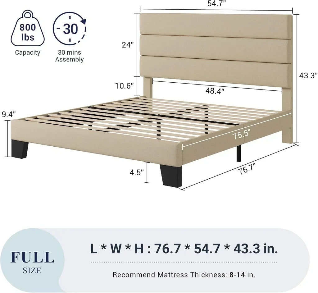 Allewie Queen Size Platform Bed Frame with Fabric Upholstered Headboard Wooden Slats Support wourant