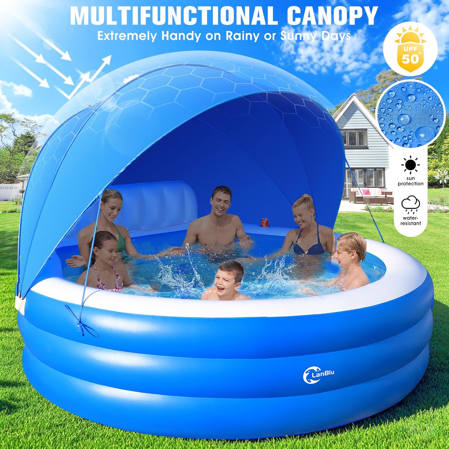 2025 Upgraded Inflatable Pool with Canopy Inflatable Family Lounge Pool Round Blow Up Pool wourant
