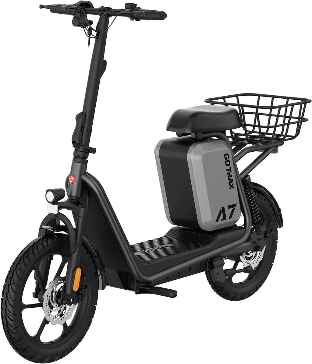Gotrax adult electric scooter with seat maximum range of 19-25 miles all-terrain tires wide pedals wourant