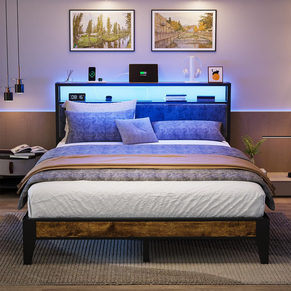 OLEVS Single Bed Frame LED Light Storage Headboard Type C Charging Station Metal Platform Bed wourant