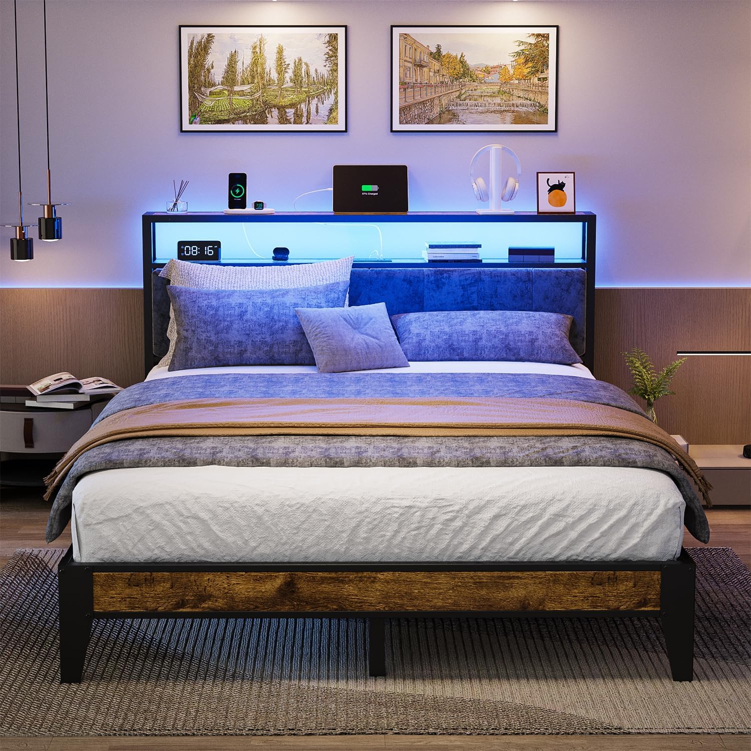OLEVS Single Bed Frame LED Light Storage Headboard Type C Charging Station Metal Platform Bed wourant