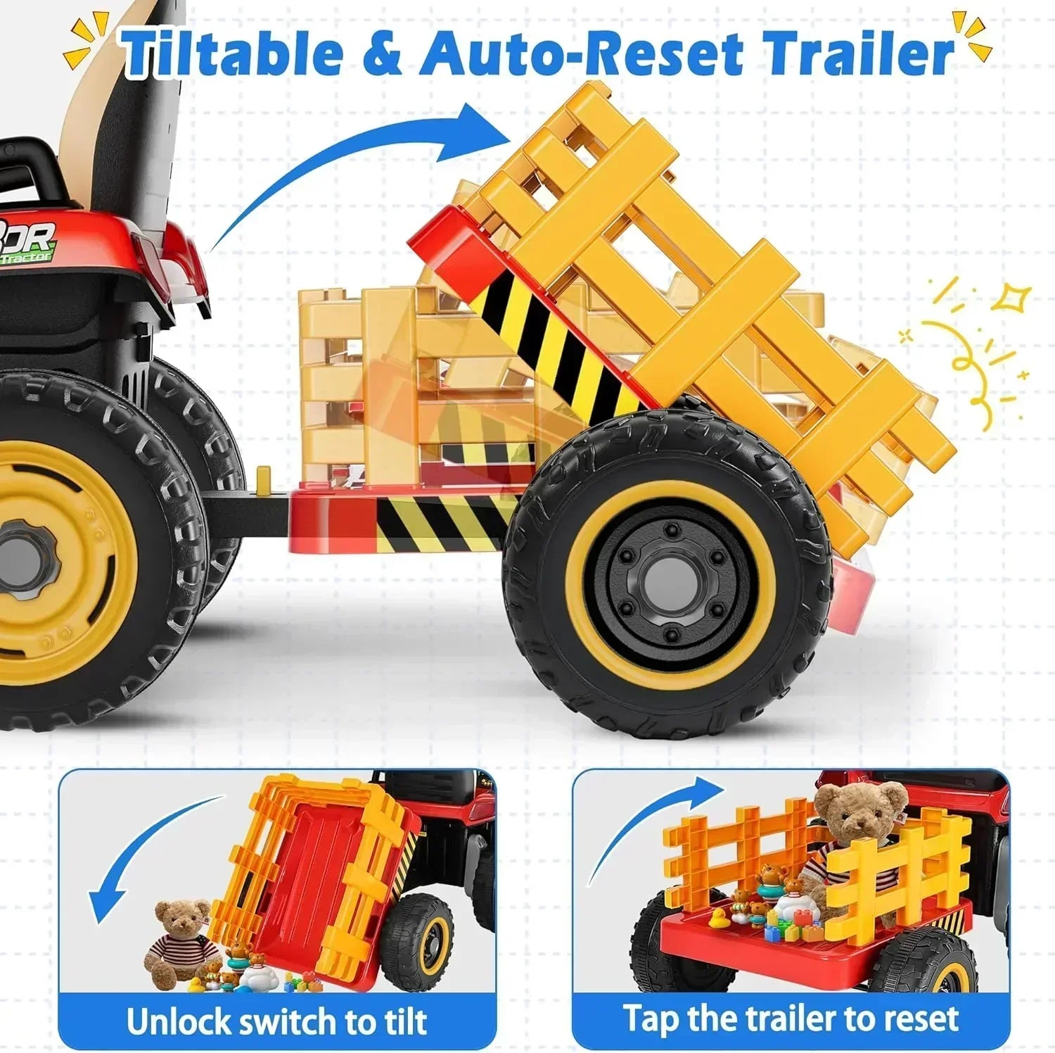 24V Ride On Tractor Tiltable Detachable Trailer 2x65W Motors EVA Tires Remote Control wourant