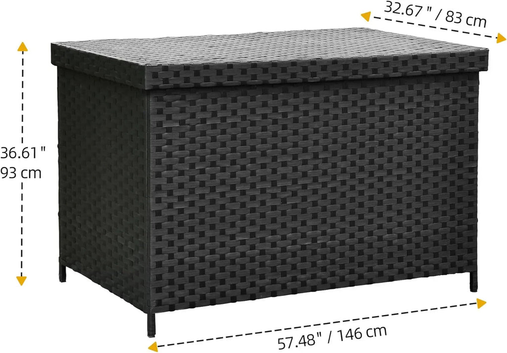 DWVO 70Gal Outdoor Storage Bench with Cushion Composite Wood Backrest Wicker Deck Bench wourant
