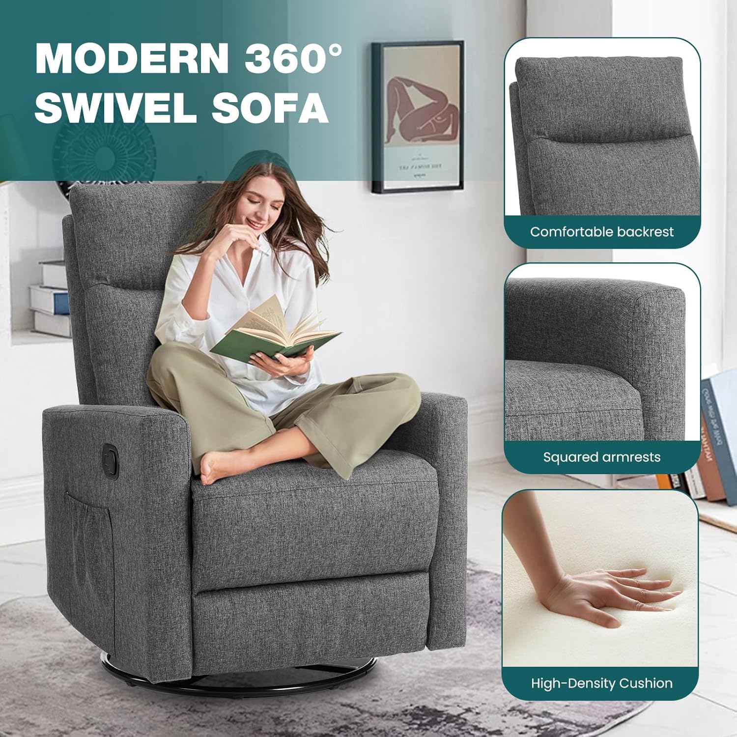 Swivel high-back rocking chair with footrest padded glider baby chair with comfortable deep seat wourant