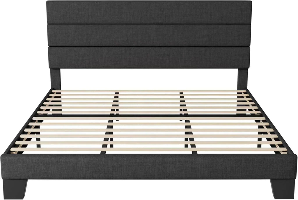 Allewie King size platform bed frame with velvet upholstered headboard and planks wourant