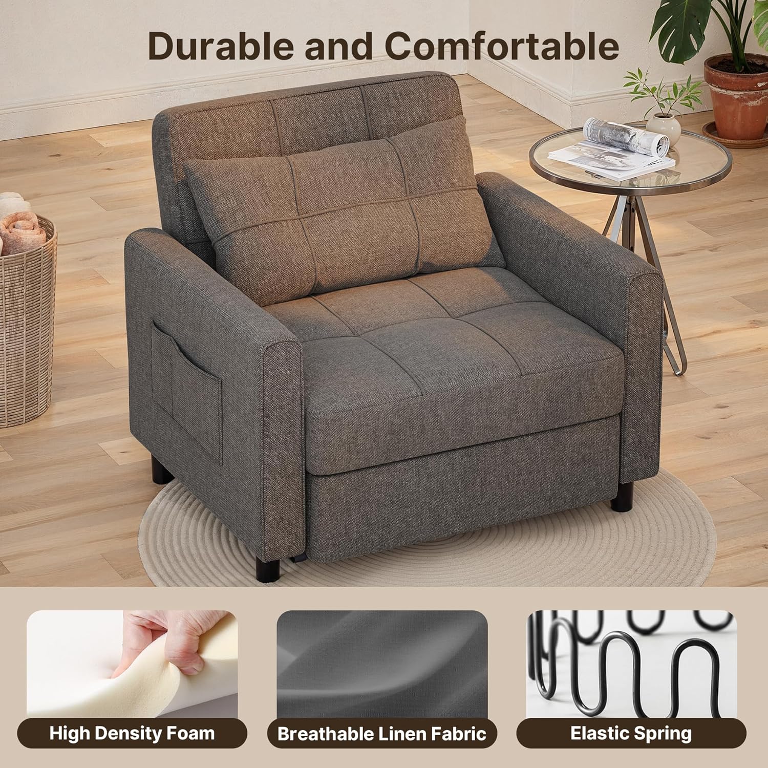 Sofa Bed Chair 3 in 1 Convertible Pullout Single Sleeper Chair Bed Spacious Multifunctional Sofa wourant