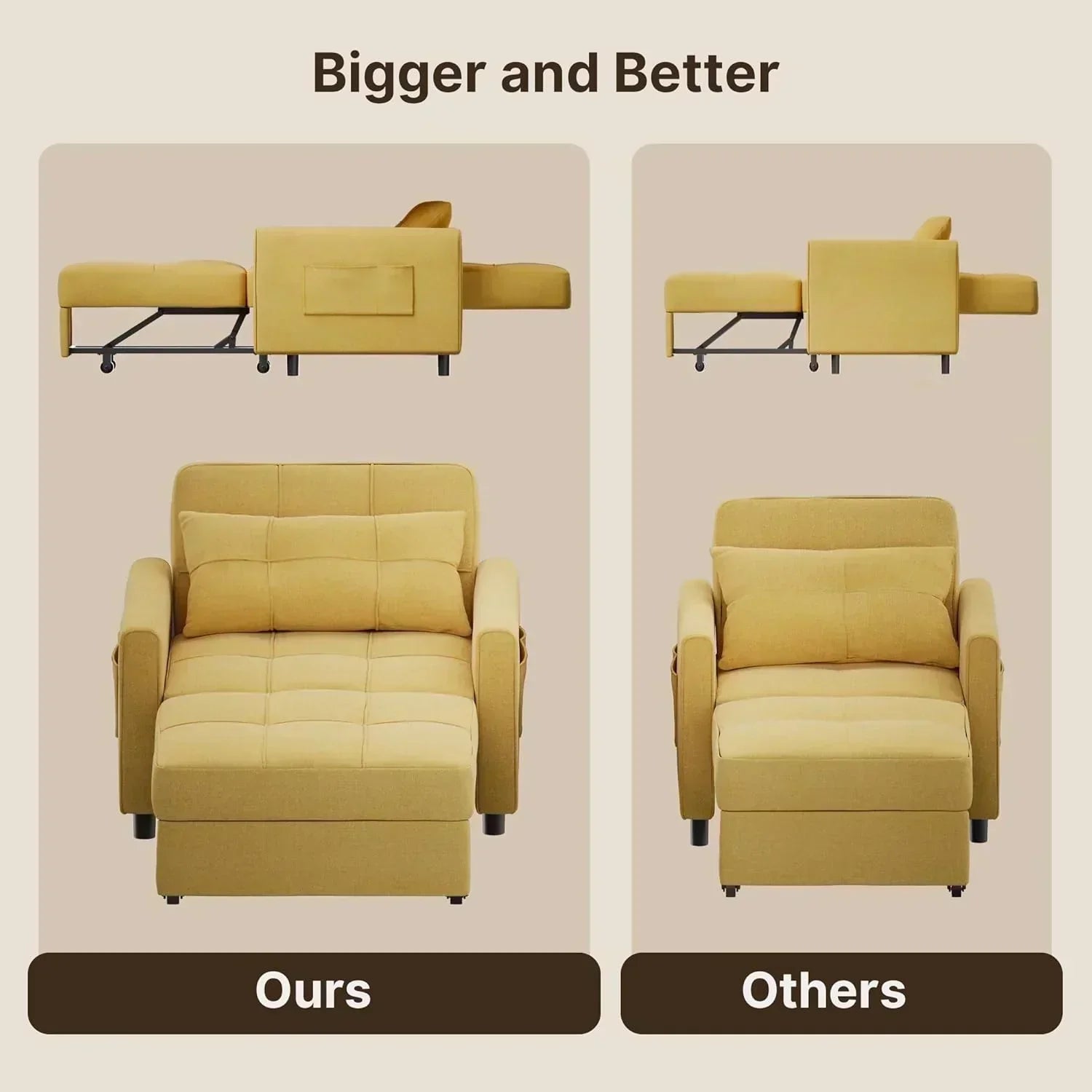 Sofa Bed Chair 3 in 1 Convertible Pullout Single Sleeper Chair Bed Spacious Multifunctional Sofa wourant