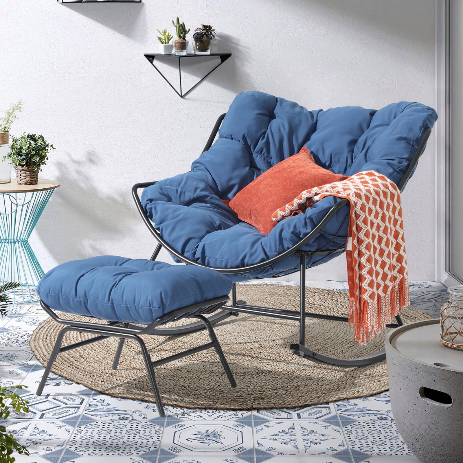 Casual Outdoor Rocking Chair with Ottoman Patio Rocker Egg Recliner Chairs wourant