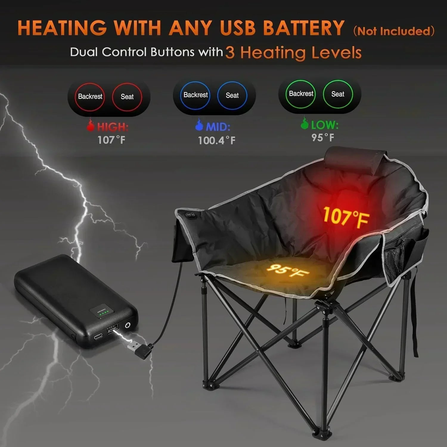 Heated Camping Chair Extra Large Heated Chair Outdoor Sports Chair with 3 Heat Levels on Back wourant
