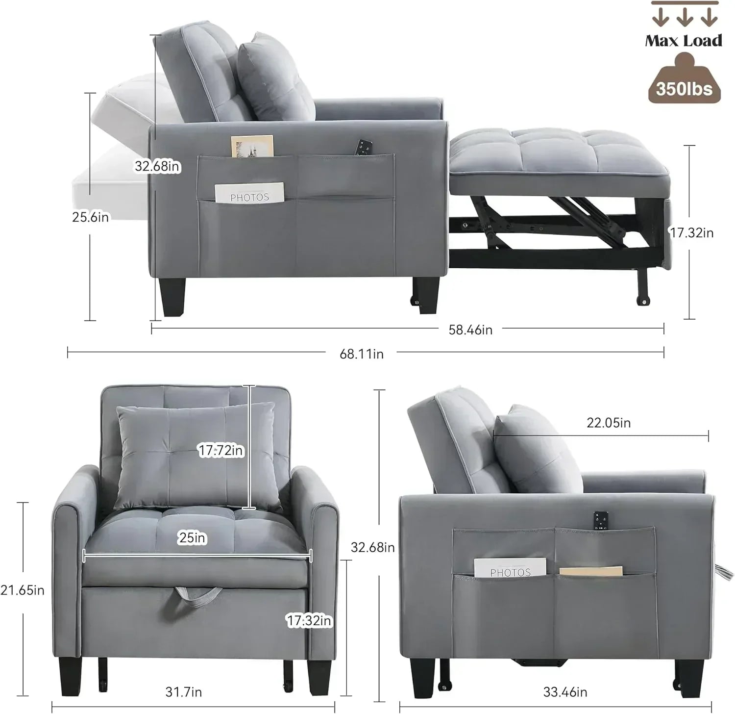 Convertible Sleeper Chair 3 in 1 Sleeper Chair Bed Pull Out Sofa Bed Chairs Velvet Single Sofa wourant