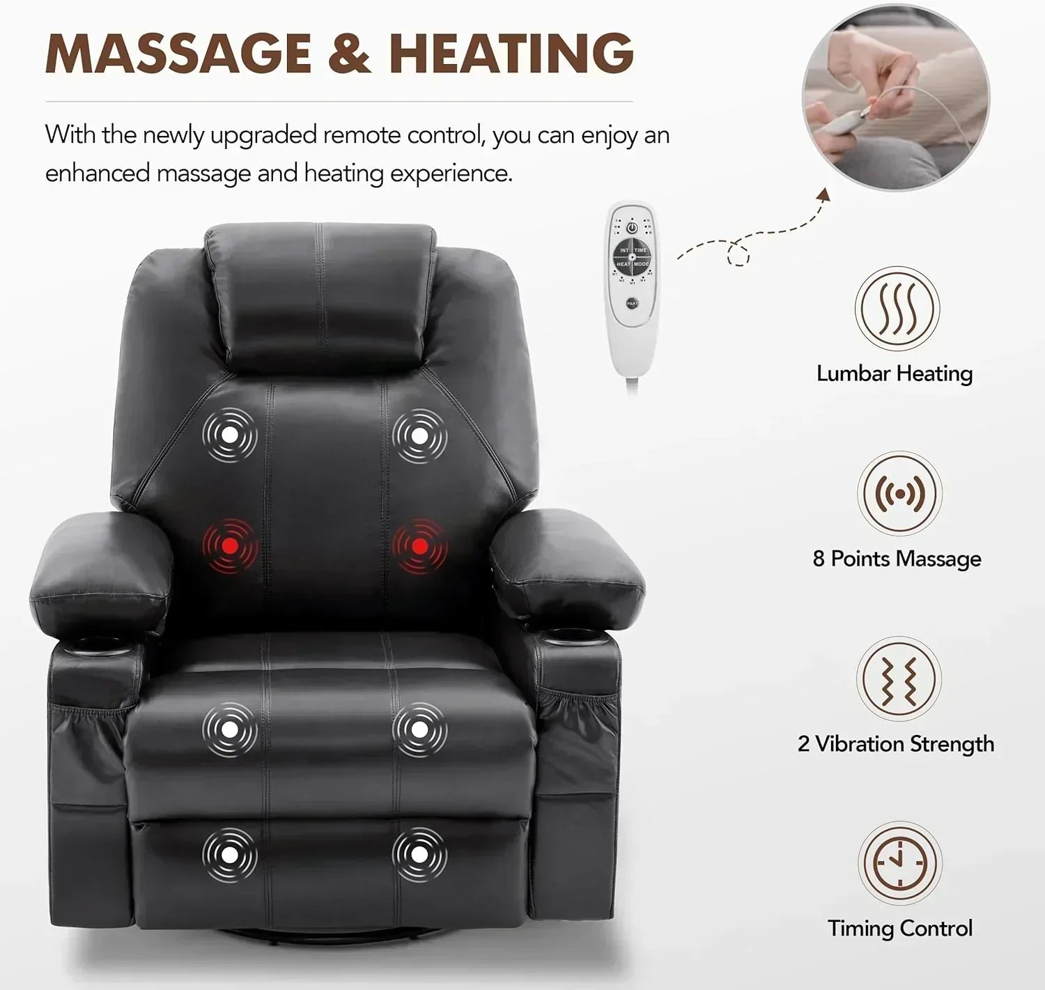 Large Swivel Rocking Recliner with Massage Function 360 Degree Swivel Rocking Single Sofa wourant