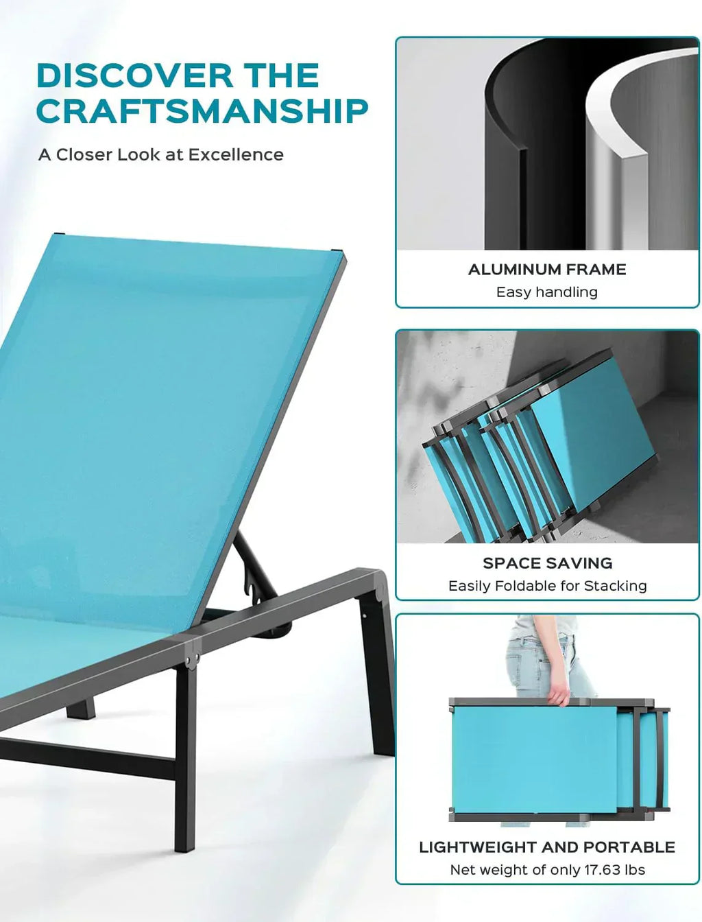 Aluminum Chaise Lounge Outdoor Foldable Assemble Free Outdoor Lounge Chair 5 Adjustable Backrest wourant