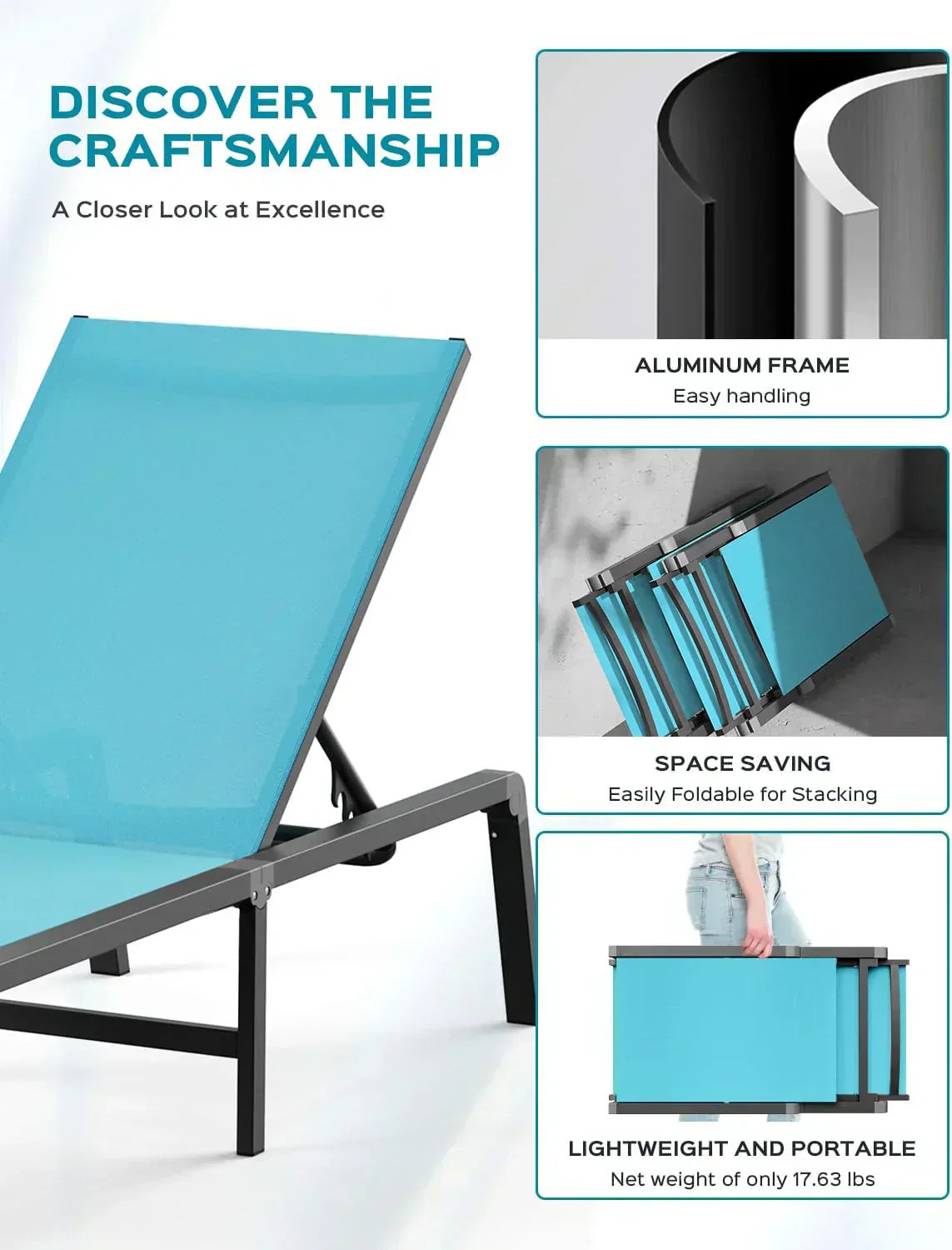 Aluminum Chaise Lounge Outdoor Foldable Assemble Free Outdoor Lounge Chair 5 Adjustable Backrest wourant