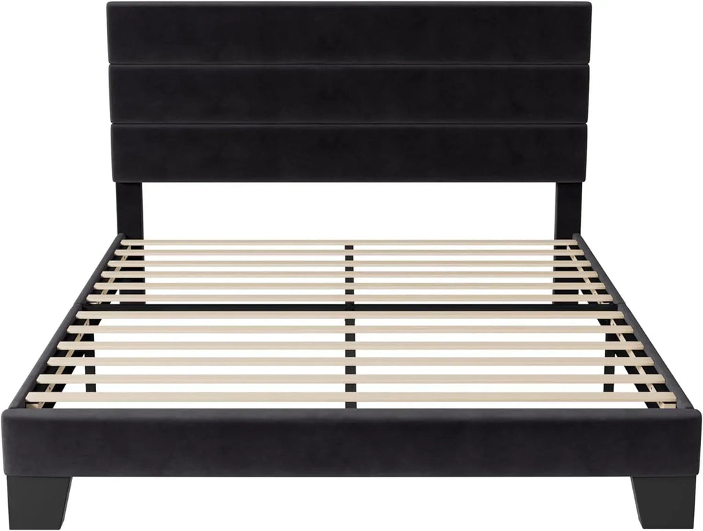 Allewie King size platform bed frame with velvet upholstered headboard and planks wourant