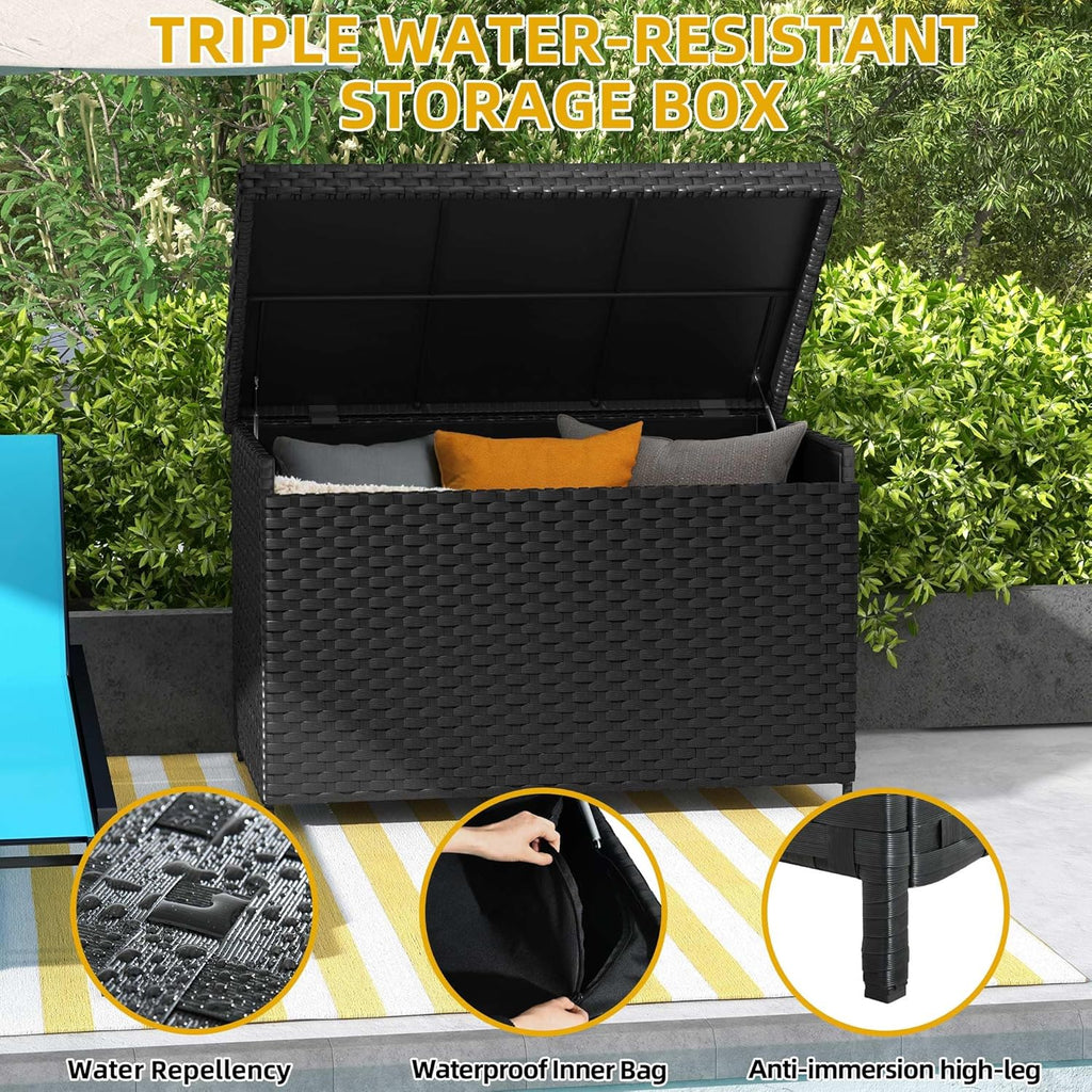 DWVO 70Gal Outdoor Storage Bench with Cushion Composite Wood Backrest Wicker Deck Bench wourant