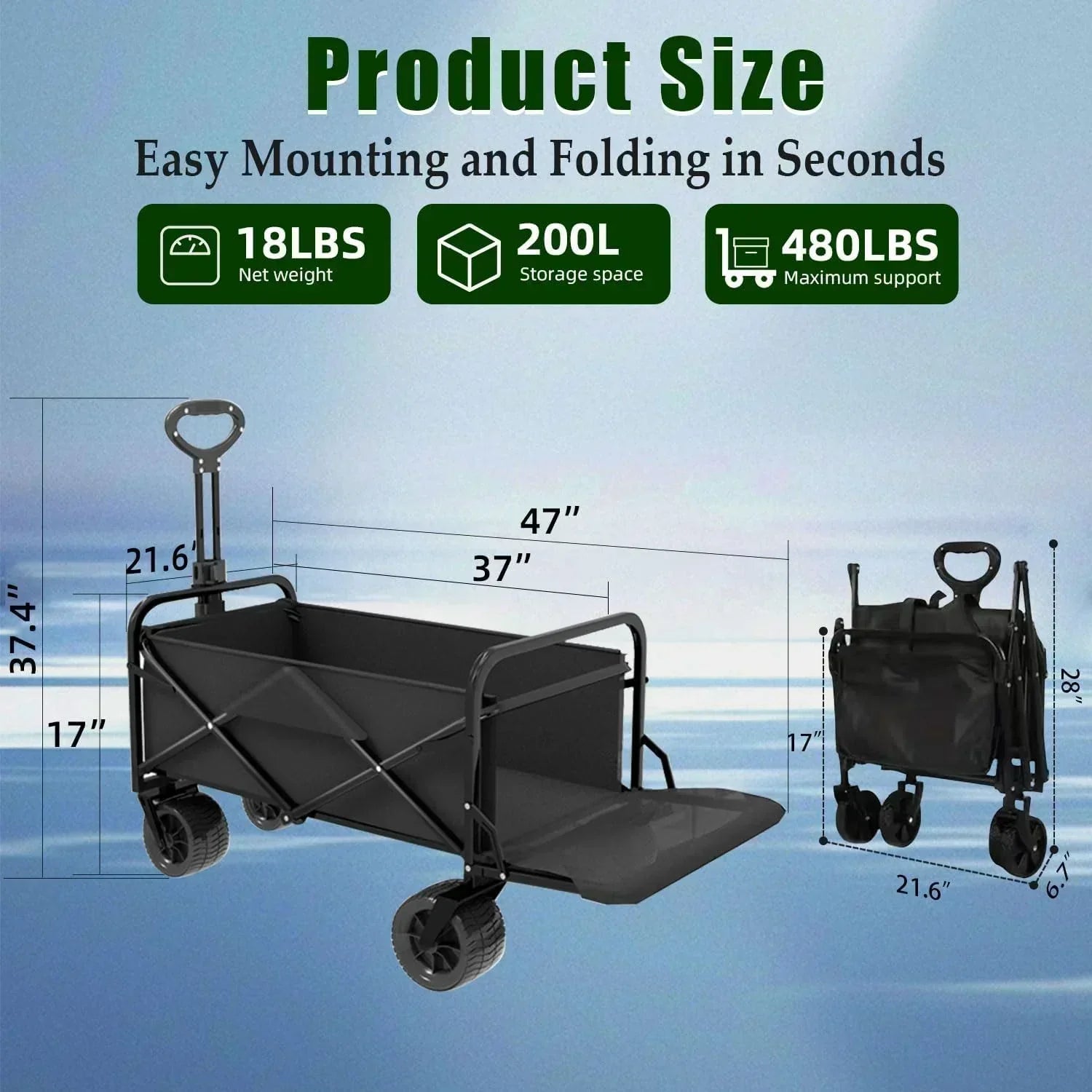 Foldable 4-wheel cart foldable 37 inches long 480 lb capacity heavy-duty beach cart wourant