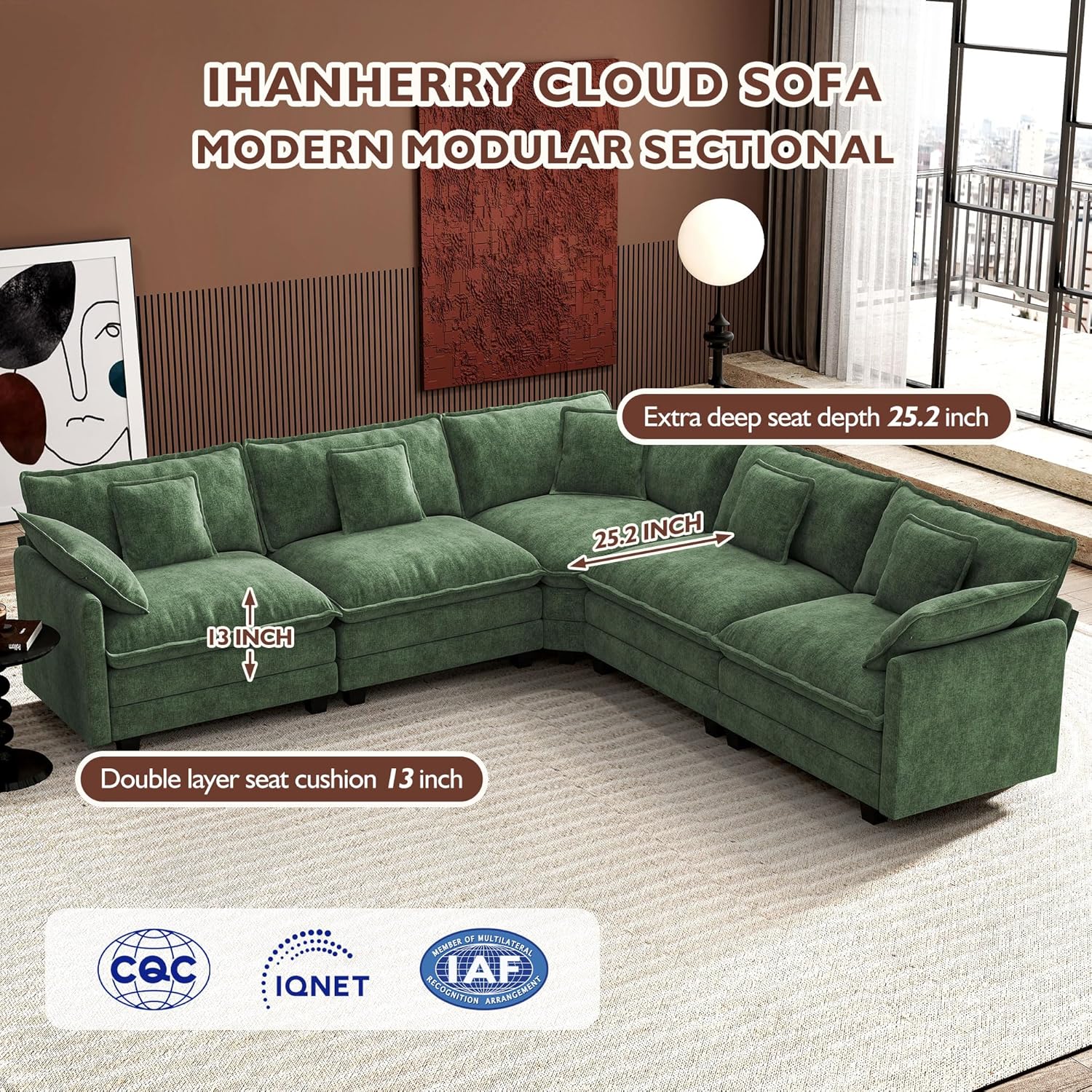 ihanherry 146-inch U-shaped modern sofa modular area cloud sofa wourant