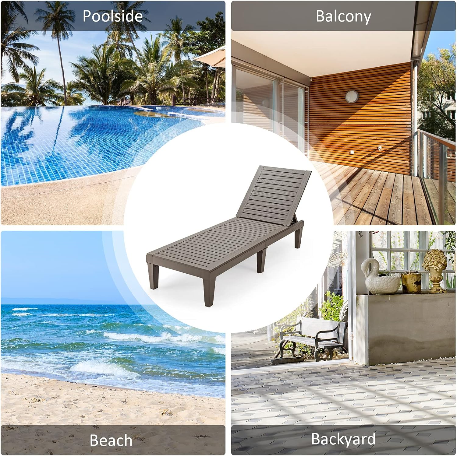 Outdoor Chaise Lounge Chair Lightweight Patio Lounge Recliner Chair with Adjustable Backrest wourant