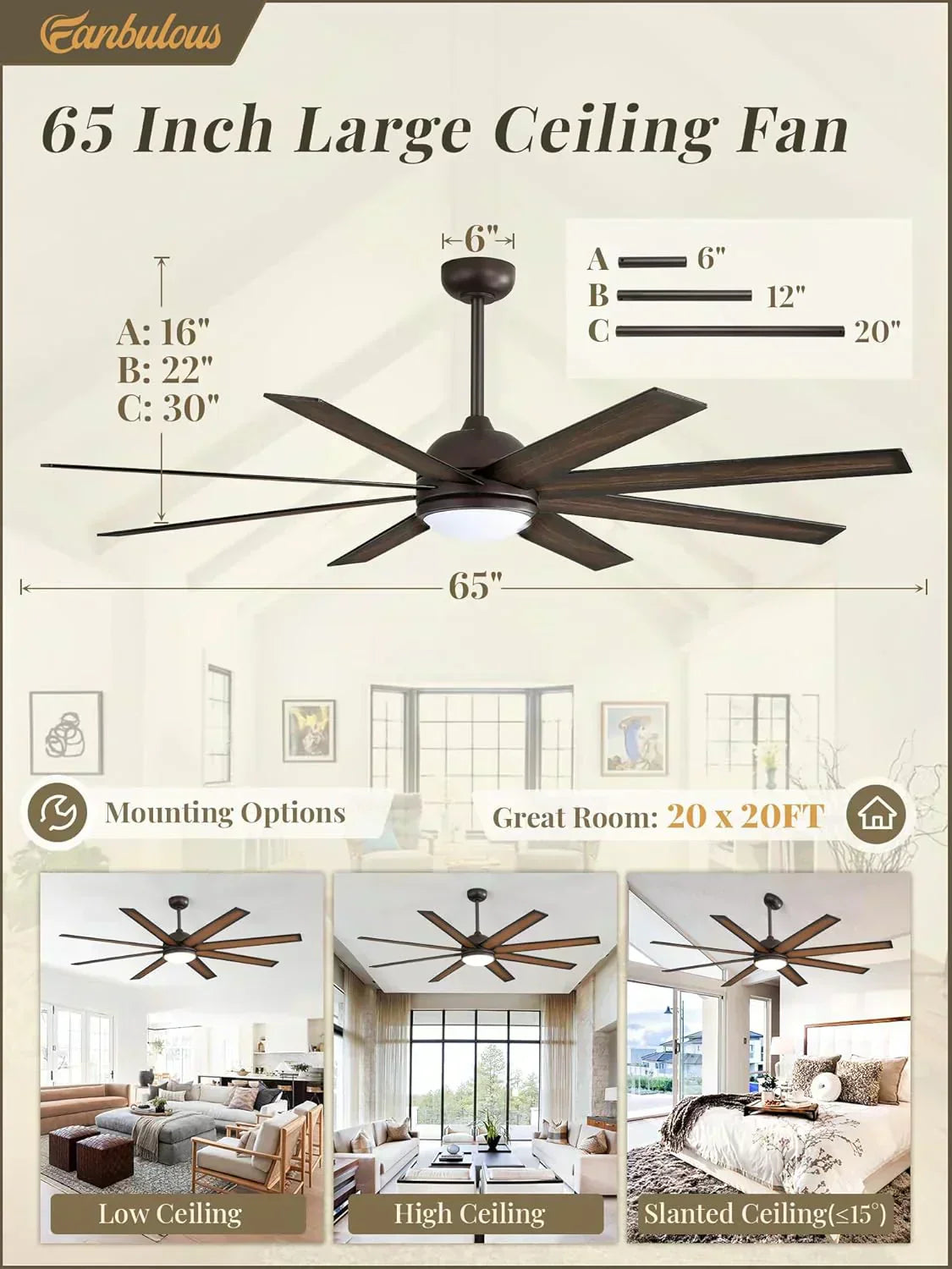 Ceiling Fan Indoor/Outdoor 8 Blades 65 inches wourant