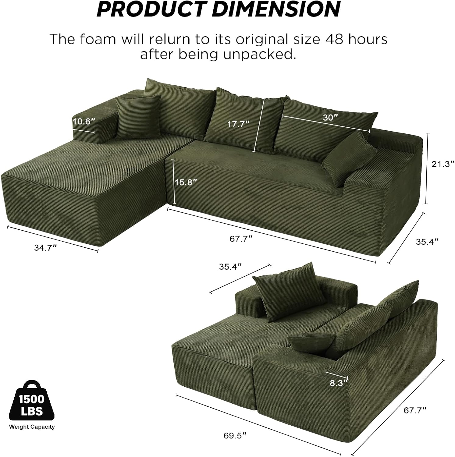 Cloud sofa with L-shaped lounge chair modern modular sofa with deep seats wourant