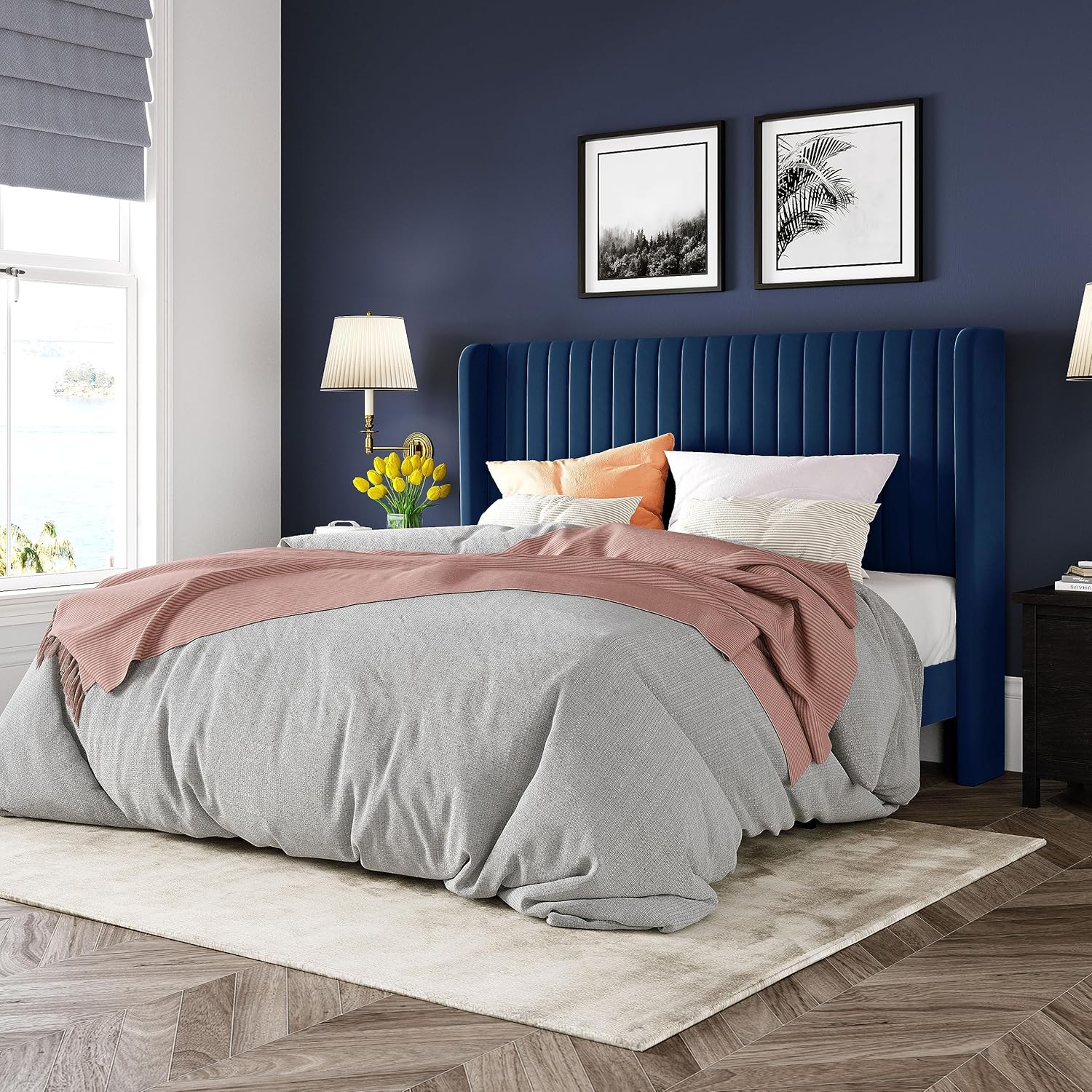 Allewie Full Size Velvet Bed Frame Vertical Channel Tufted Wingback Headboard Upholstered Bed wourant