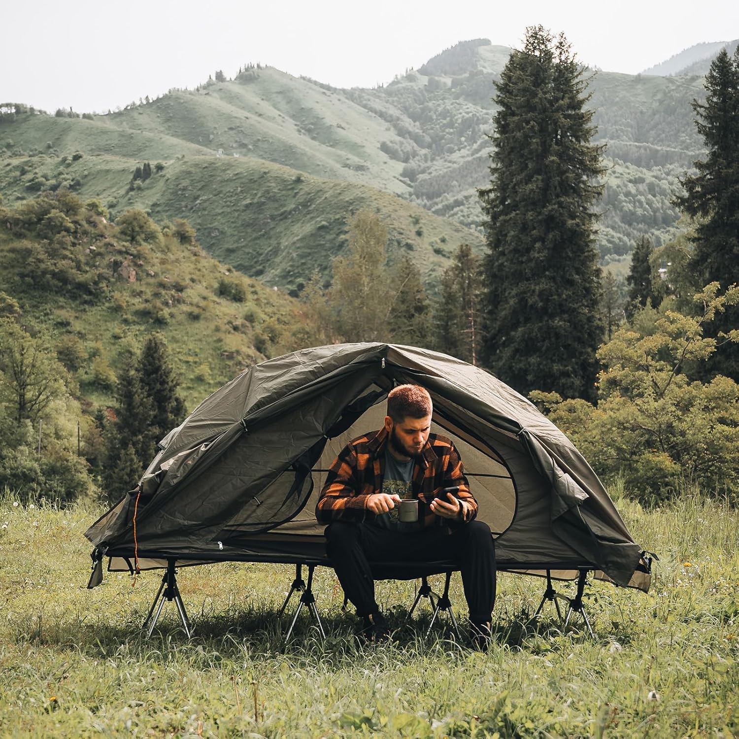 Camping Cot Tent Waterproof 1-Person Off-Ground Combo Cot Bed Portable Easy Set-up Tent wourant