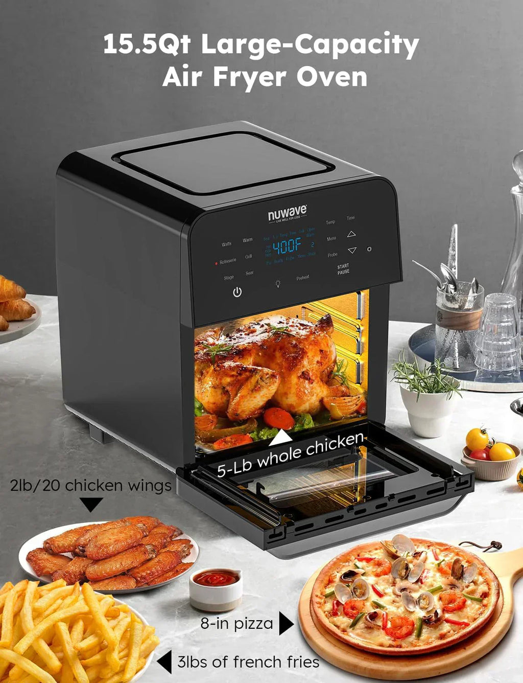 Nuwave Brio 15.5Qt Air Fryer Broiler 50°-425°F Temperature Control Integrated Smart Thermometer wourant