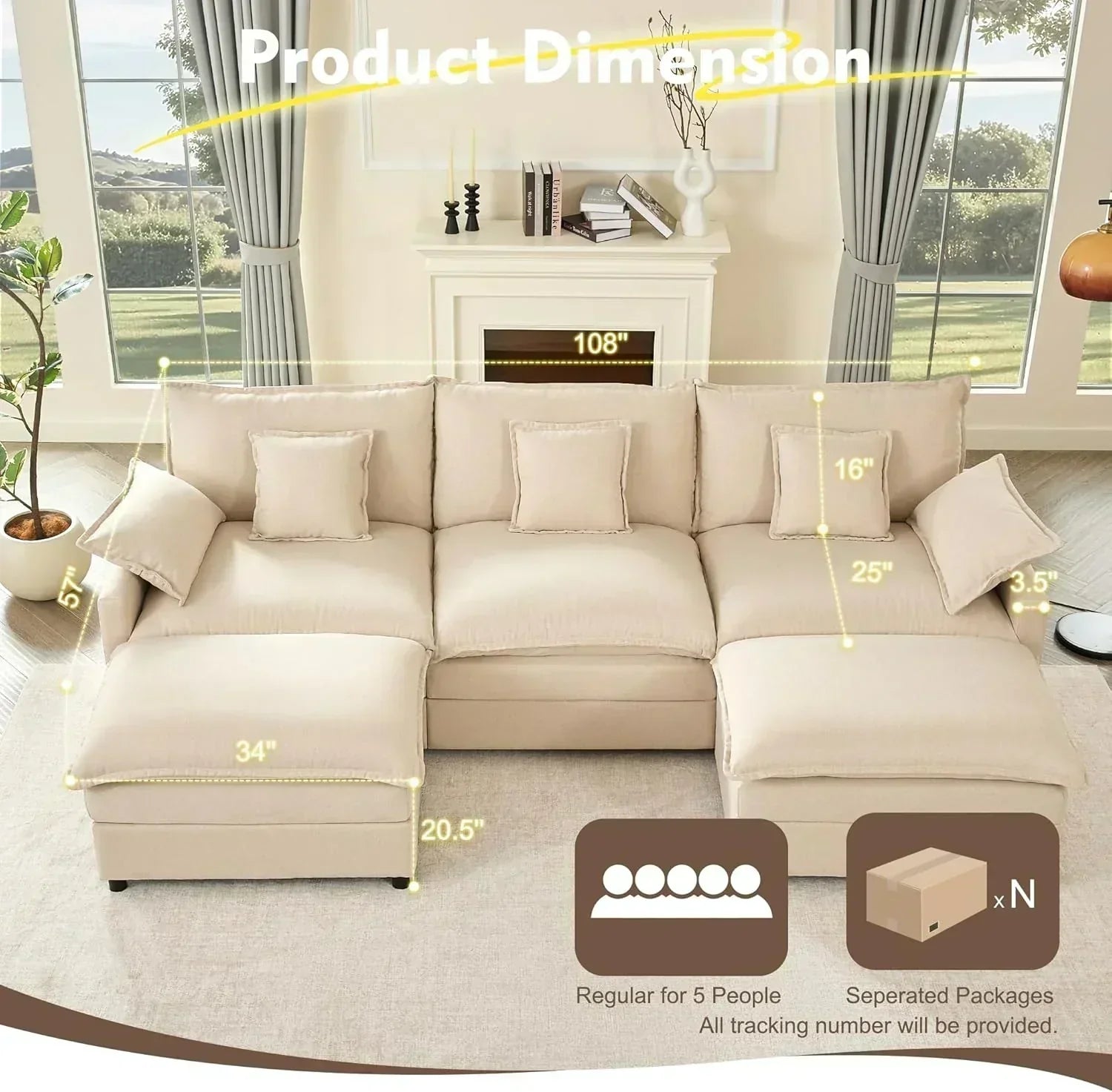 108 Inch U Shape Sofa Sectional Sofa Comfortable Cloud Sofa Living Room Deep Seat Sofa wourant