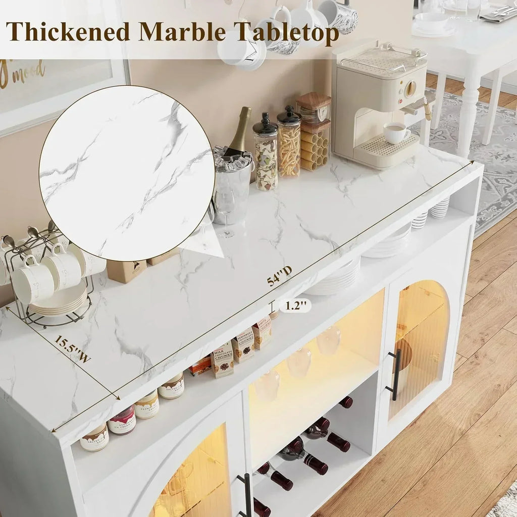 Sideboard 54-inch kitchen cabinet with LED lights and arched glass doors tall bar cabinet wourant