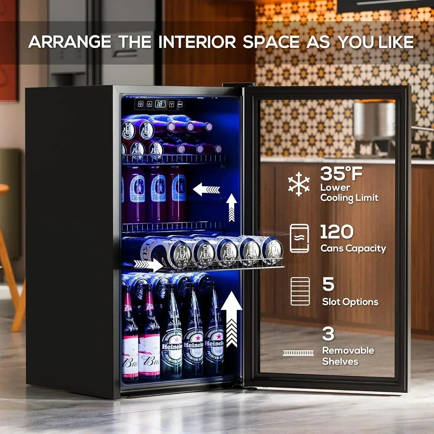 Beverage Refrigerator Cooler-120 Cans Freestanding Mini Fridge Cooler with Glass Door wourant