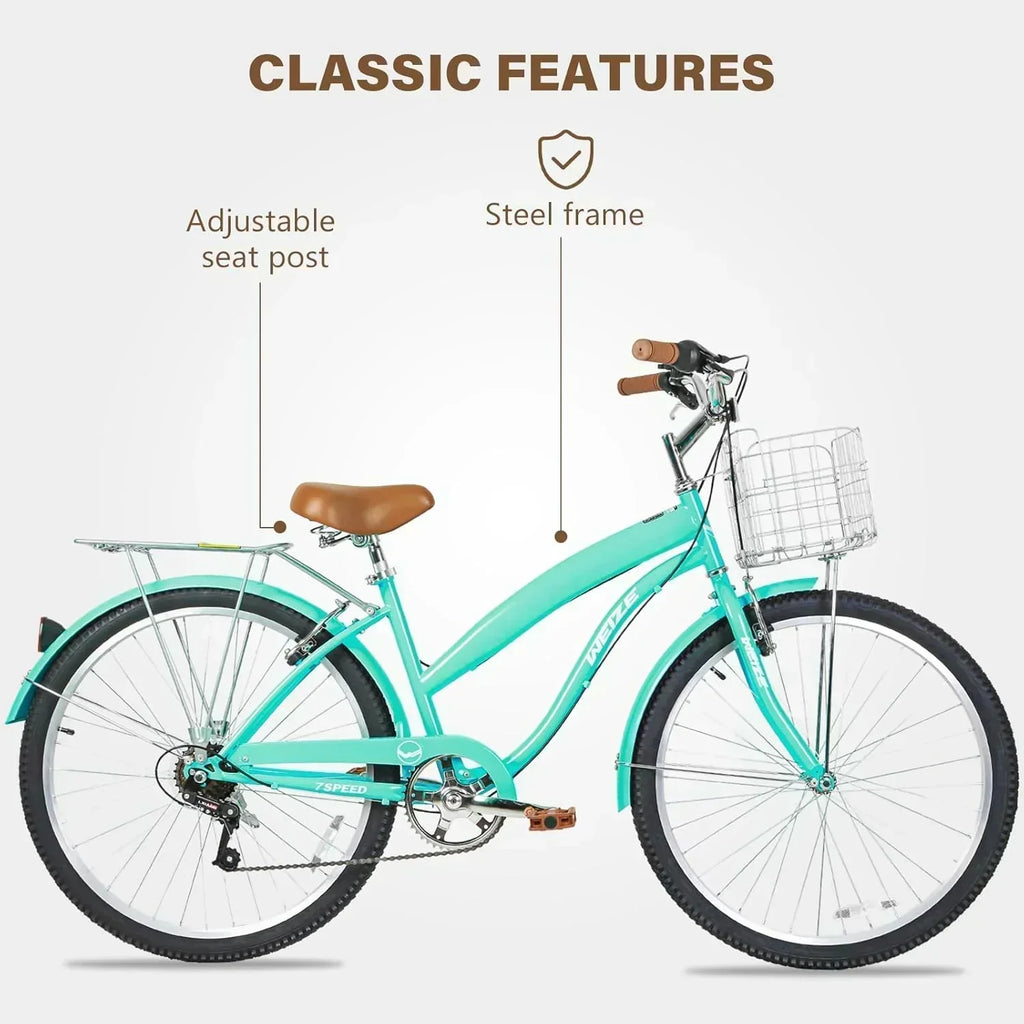 WEIZE Beach Cruiser Bike 26 inch Commuter Bicycle for Adult Men and Women 7-Speed/High-Carbon wourant