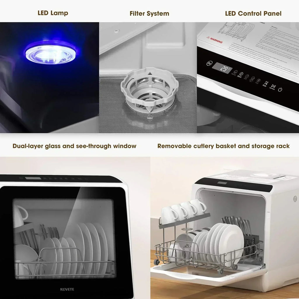 NOVETE portable tabletop dishwasher compact dishwasher with 5-liter built-in water tank wourant