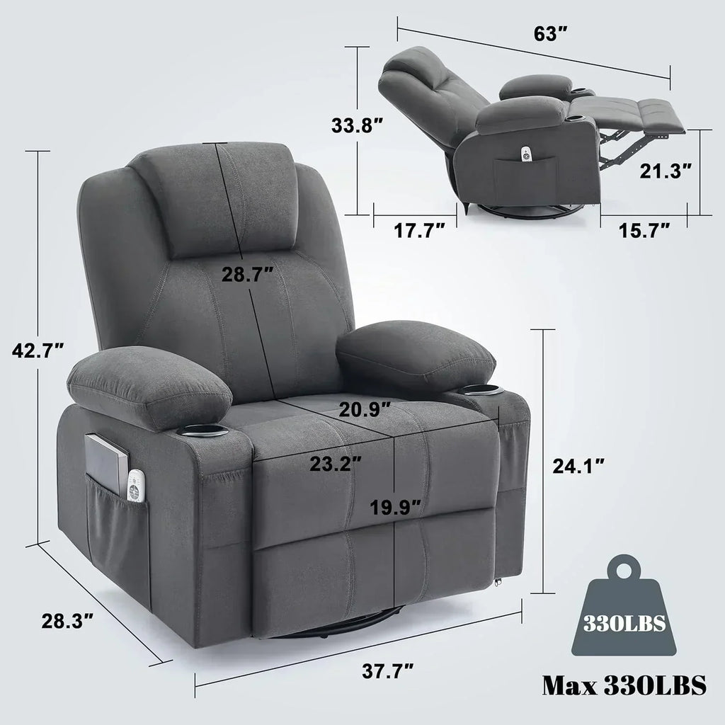 Large Swivel Rocking Recliner with Massage Function 360 Degree Swivel Rocking Single Sofa wourant