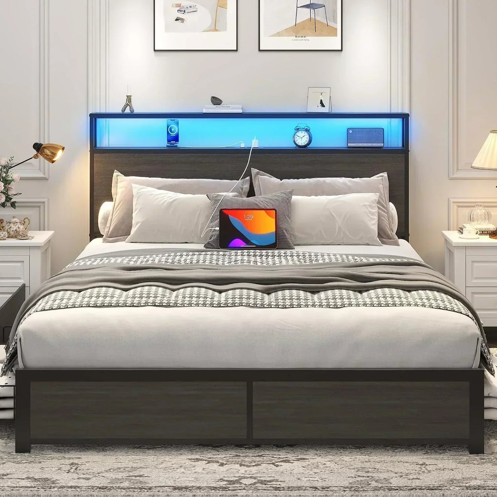 Lifezone Queen Bed Frame 2-Tier Storage Headboard Metal Platform Bed Frame 4 Storage Drawers wourant