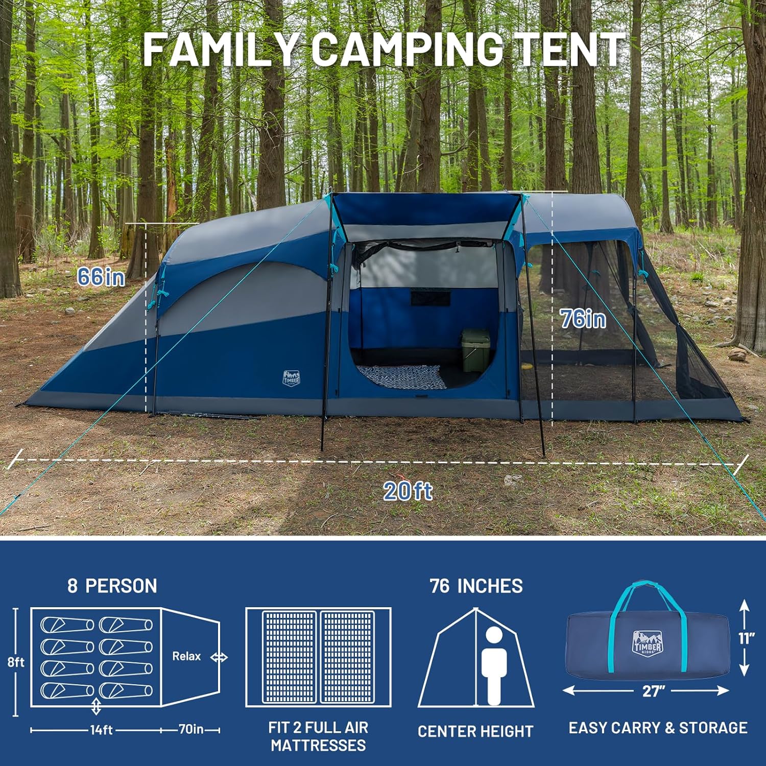 TIMBER RIDGE 8 Person Family Camping Tent Double Layer Waterproof Weather Resistant Tunnel Tent wourant