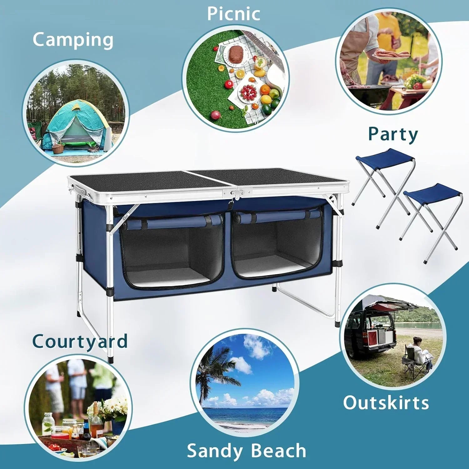 Outdoor Folding Table Aluminum Lightweight Height Adjustable with Storage Organizer wourant