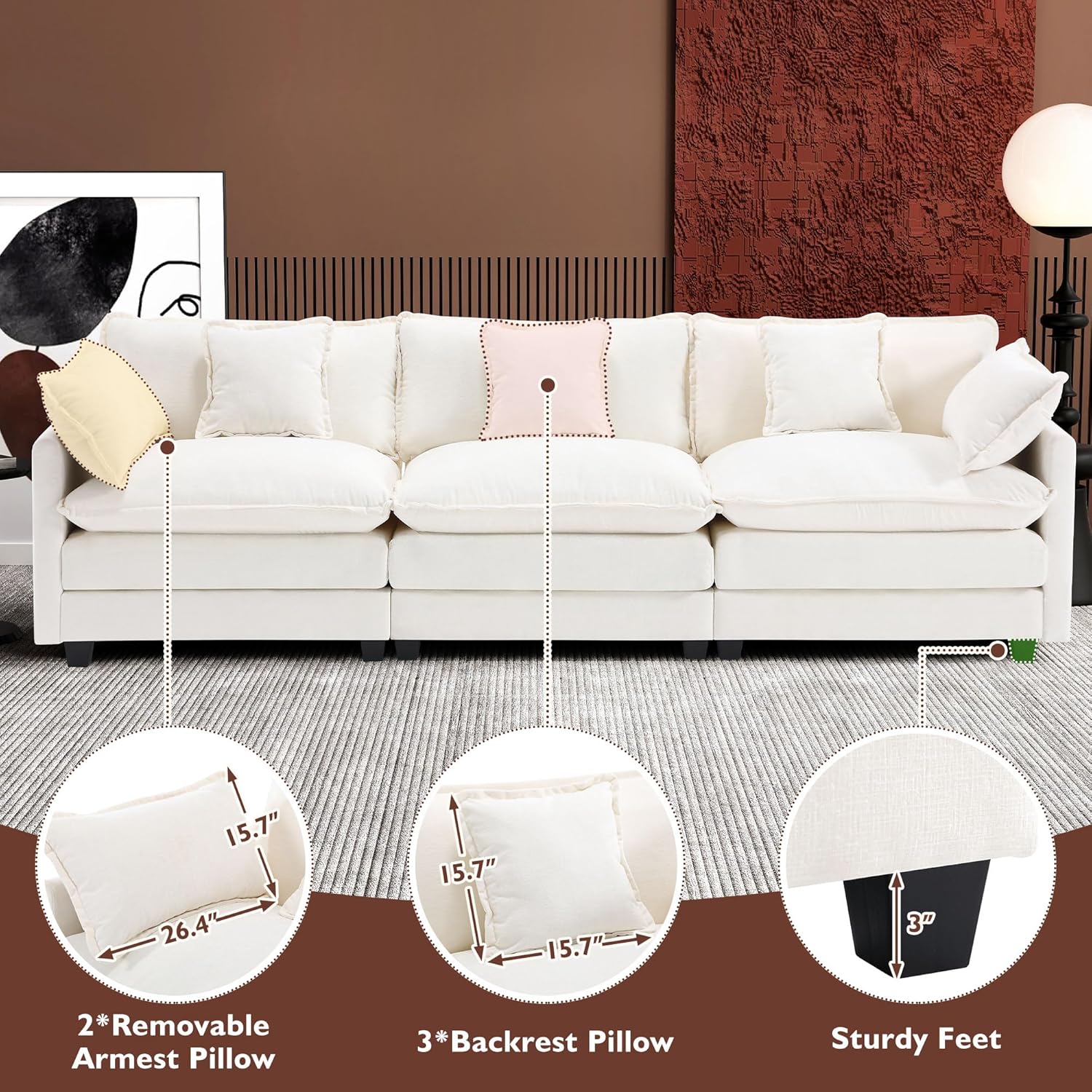 111.4 Inch L Shaped Modern Sofa Modular Cloud Sofa with Ottoman 4 Seater Chenille Deep Seat Sofa wourant