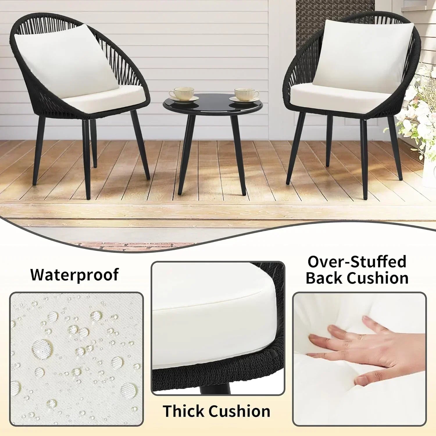3 Piece Bistro Set Woven Rope Chair with Cushions All Weather Patio Conversation Set Side Table wourant