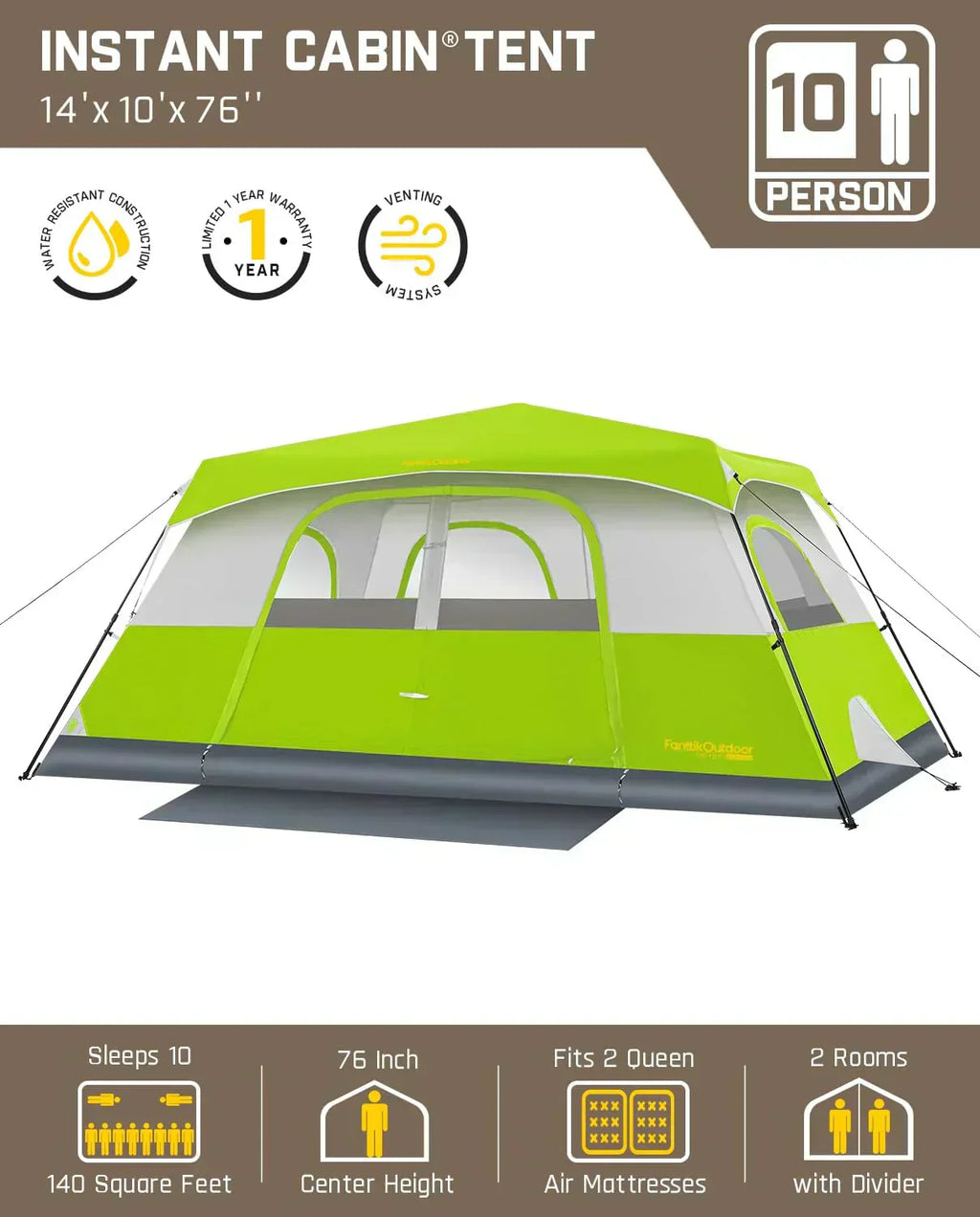 Portable camping tent for 4/6/8/10 people with instant cabin and rainproof and windproof wourant