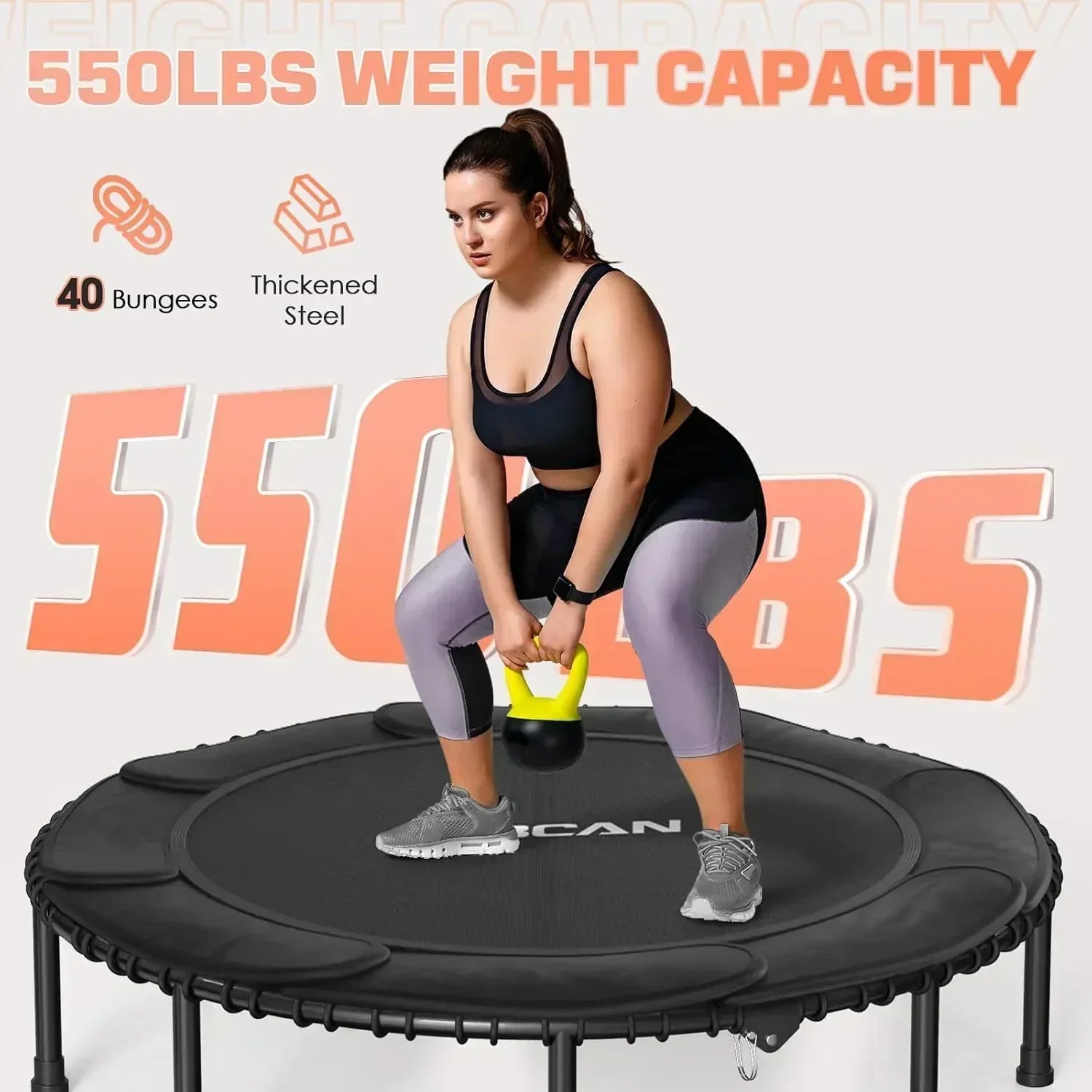 BCAN 450/550 LBS Foldable Mini Trampoline Fitness Trampoline Bungees Adjustable Foam Handle wourant